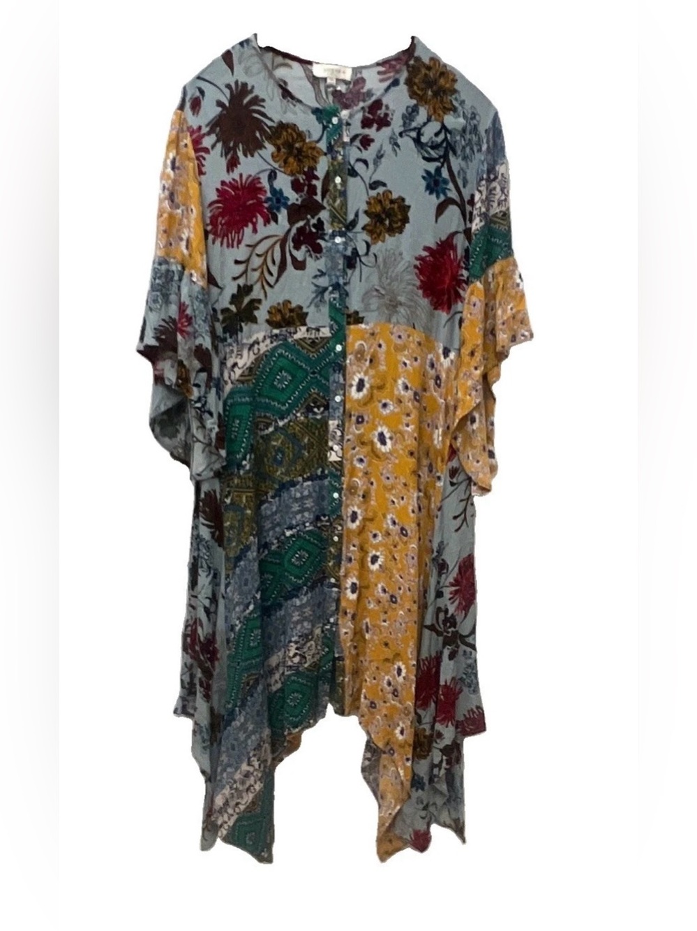 UMGEE Plus Size 1XL Boho Patchwork Floral Dress Handkerchief Hem Asymmetrical